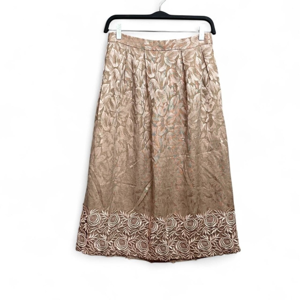 Vintage Silk Embroidered Floral Midi‎ Skirt Romantic Boho Cottagecore Size 10